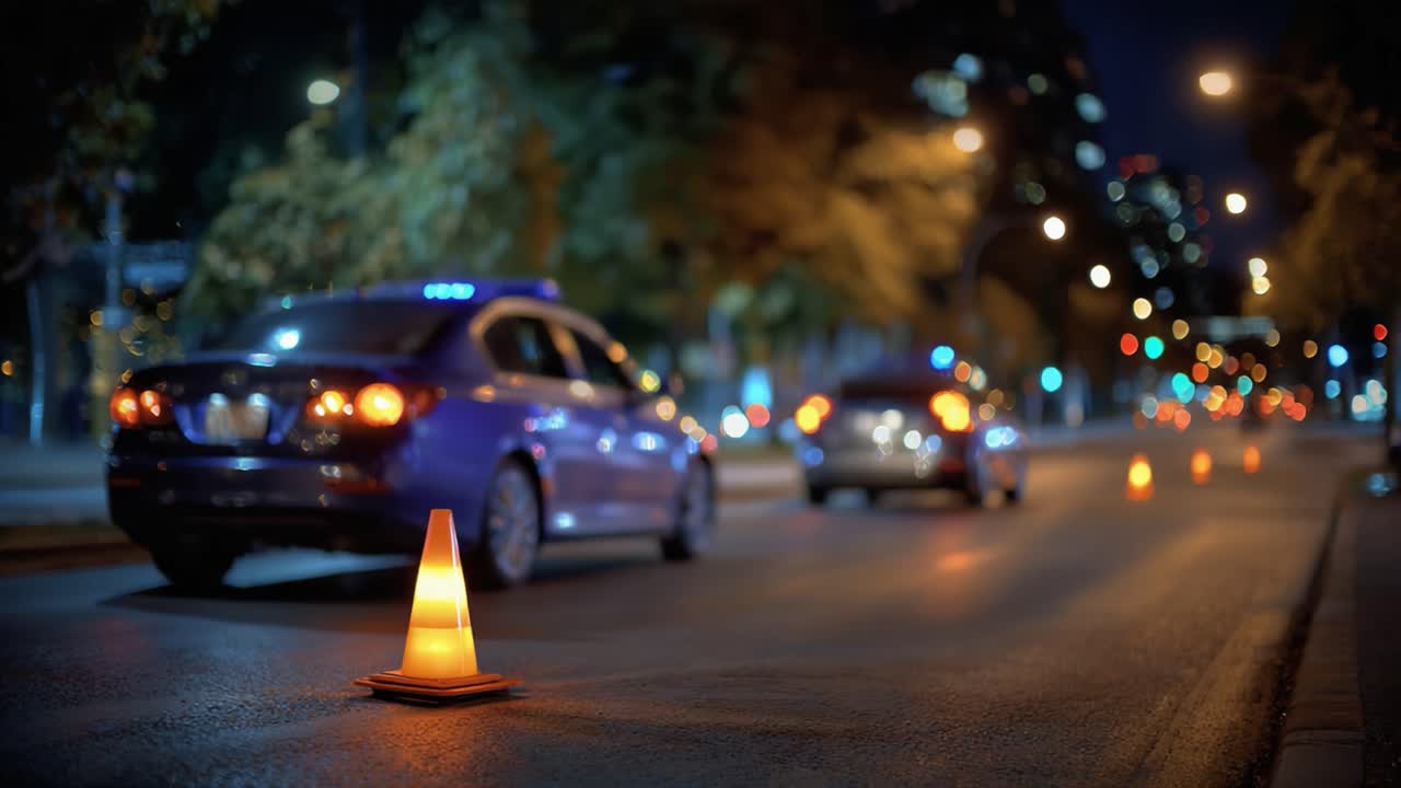 Traffic Safety Measures at Night: Cones and Vehicles Illuminate the Urban Streetscape with Cautionary Lights in a Dynamic City Environment