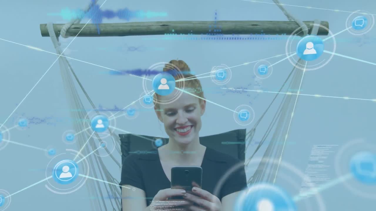 animación de una red de conexiones a través de una mujer caucásica usando un teléfono inteligente