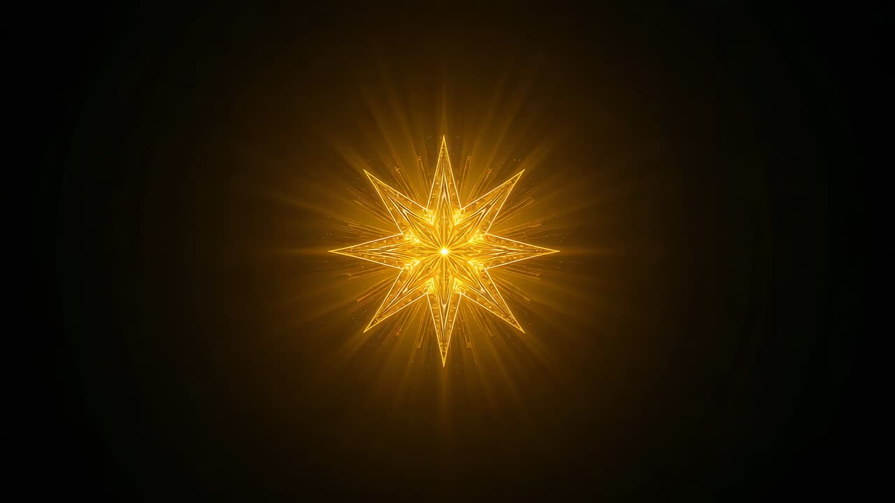 Animazione di stella dorata decorata che si illumina nel vuoto scuro, creando un brillante effetto a raggiera e rivelando linee