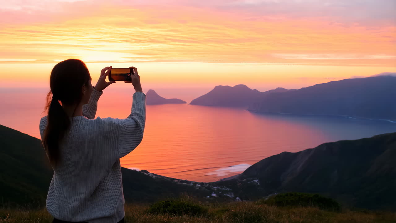 A woman takes a picture of a stunning sunset over the ocean