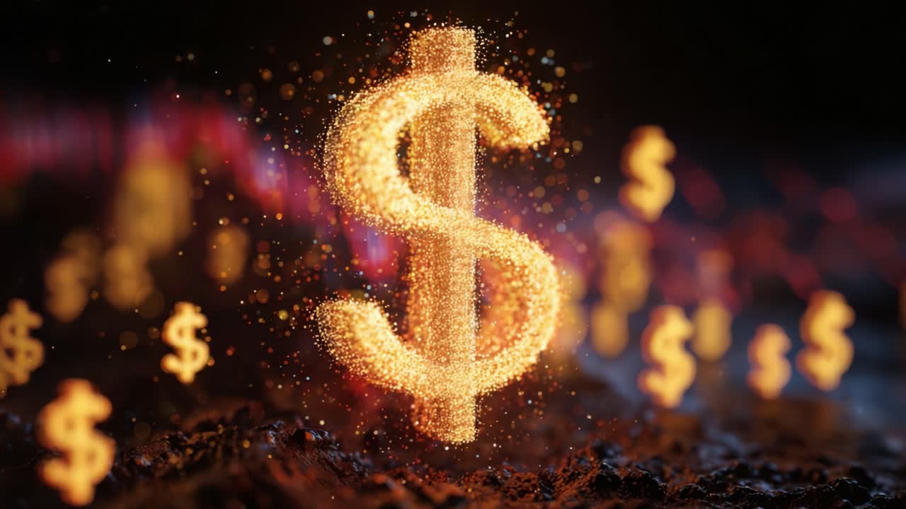 Shiny golden dollar sign formed by glowing particles slowly rotating over a dark, rocky surface, with other currency symbols floating in the blurry background, representing financial success