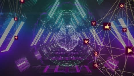 two globes of network of connections spinning over glowing tunnel against black background