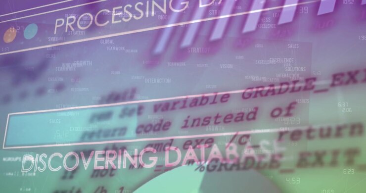 Animation of data processing and multiple business concept texts against green gradient background