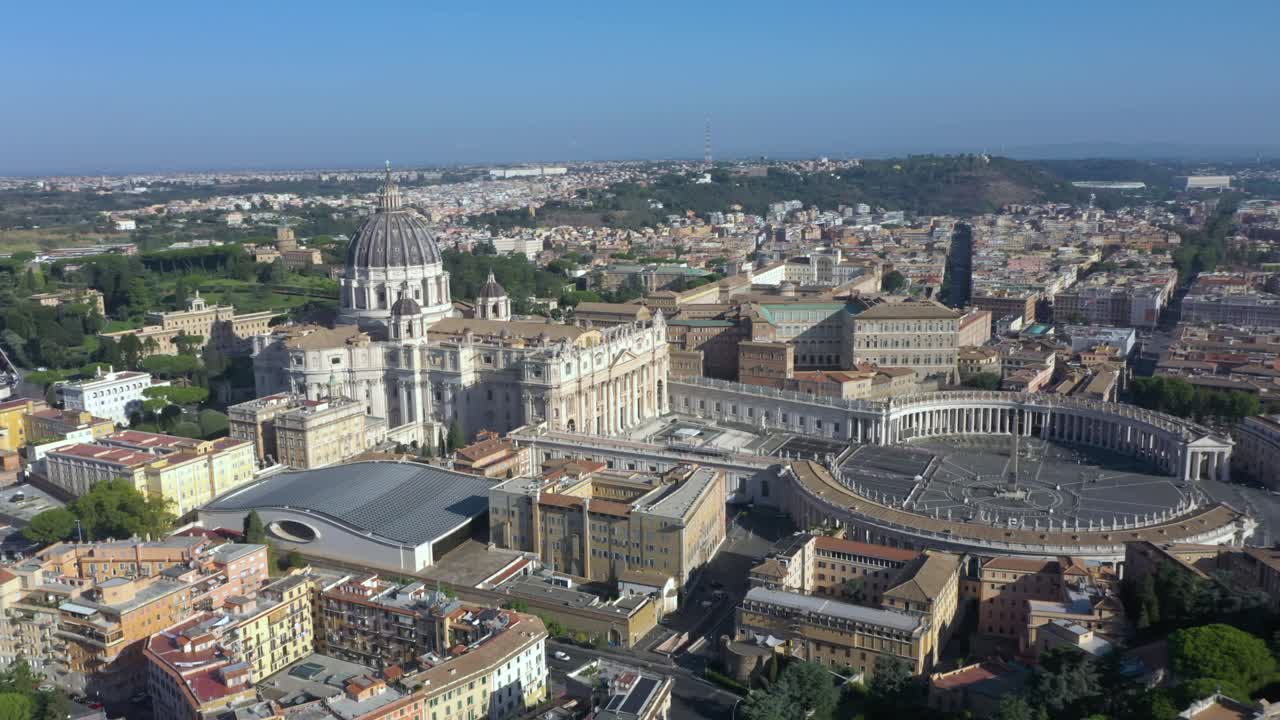 Aerial rising and spinning over St. Peter’s Basilica, its majestic dome, and the vast Piazza San Pietro, symbolizing the heart of the Catholic Church and Rome’s timeless beauty