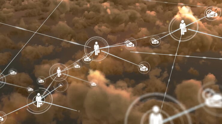Animation of network of connections with icons over clouds