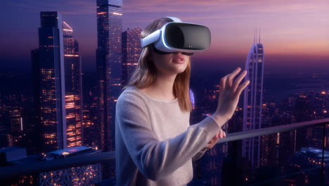 woman experiencing virtual reality on a city rooftop at dusk