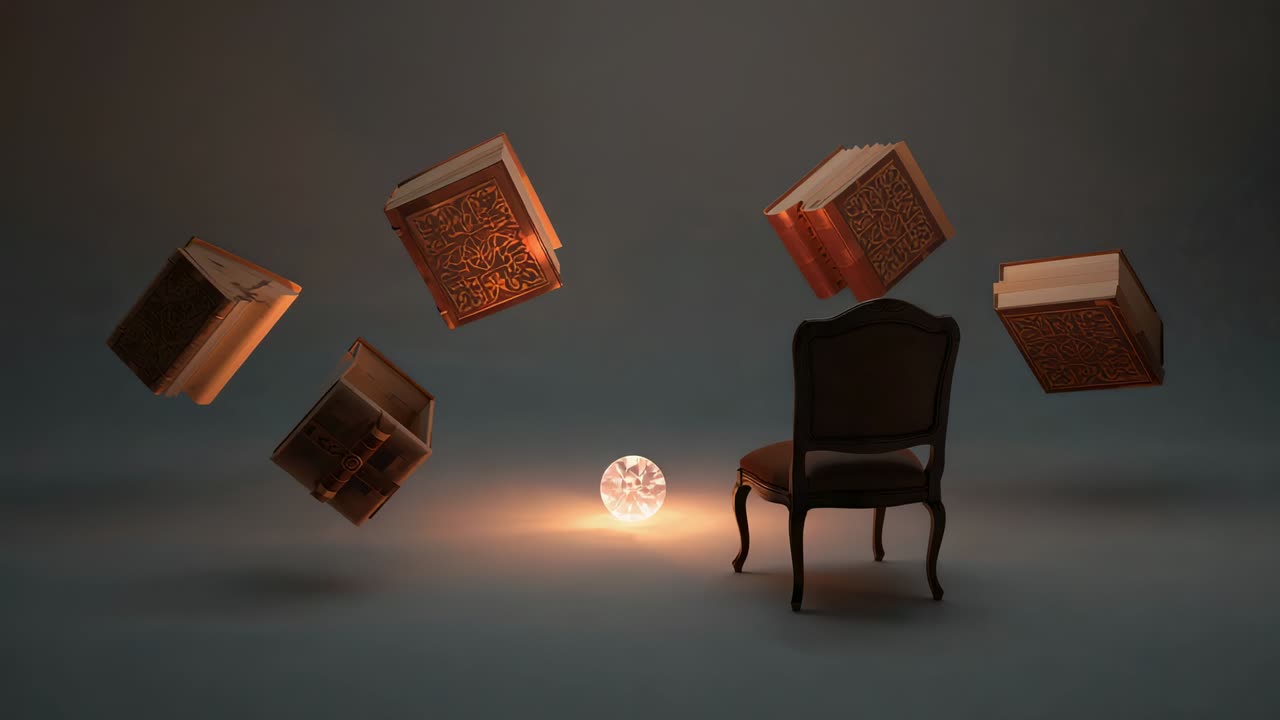 Casting light orb pulling six ornate books inward in studio lighting center book near antique chair