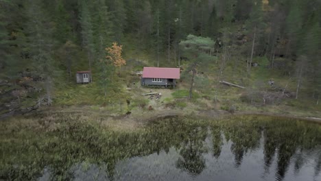 retirada sobre cabaña de madera aislada en el lago forestal cerca de hildremsvatnet, noruega