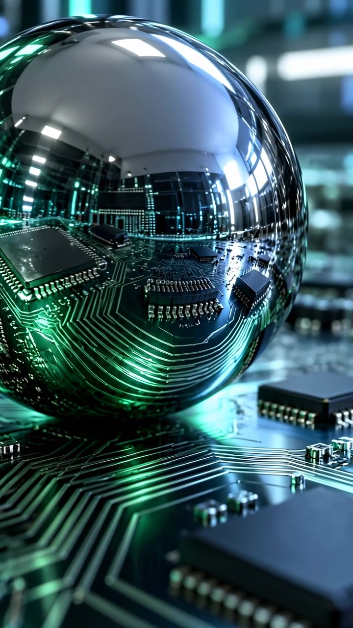 Chrome-like orb fills more of frame while remaining on printed circuitry, reflecting nearby chips and luminous teal accents as shallow focus softens electronic components behind it.