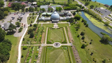 aerial view of anna scripps whitcomb conservatory on belle isle, detroit, michigan