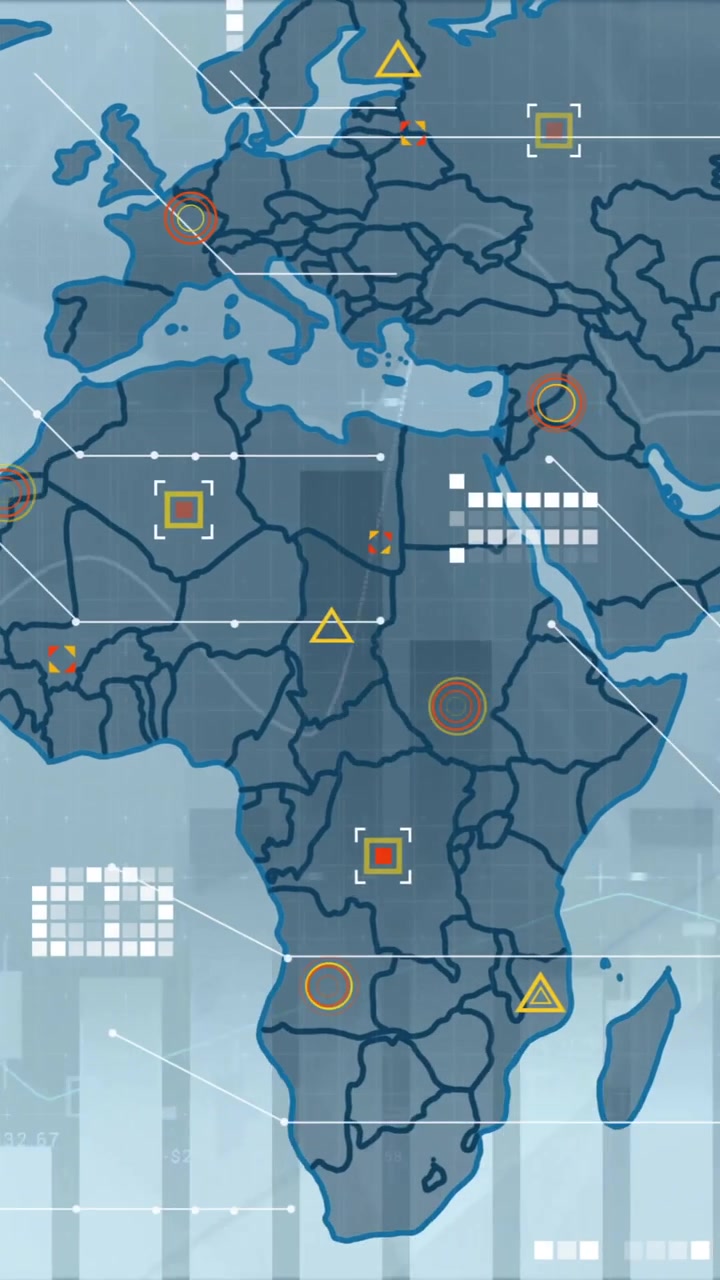 Animation of world map over financial data processing on blue background