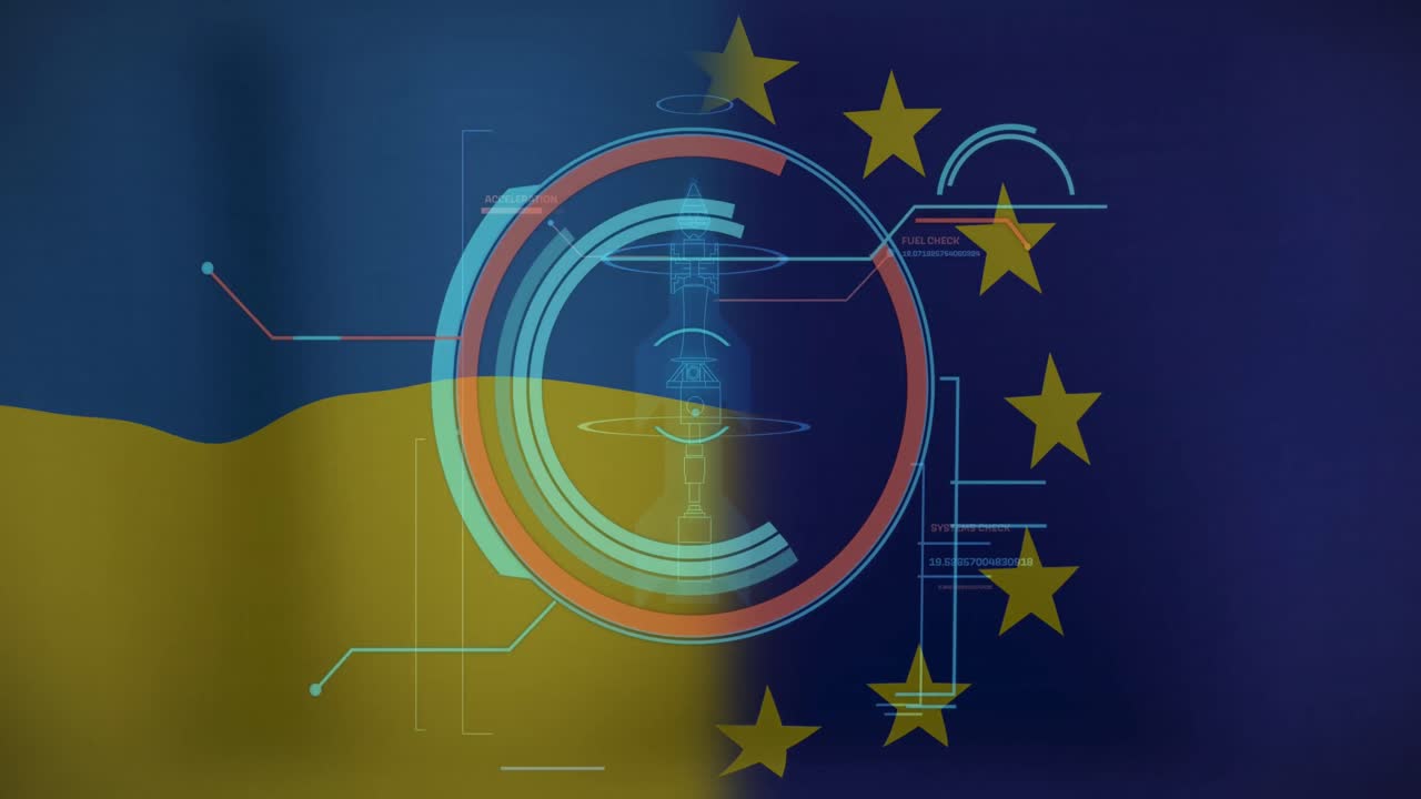 Animazione di scansione del mirino ed elaborazione dati su bandiera di Ucraina e UE