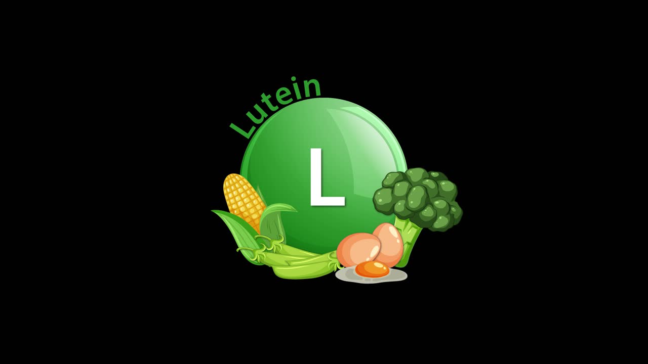 A green lutein capsule descends and is joined by corn, broccoli, peas, and eggs, with text appearing smoothly. Bright colors contrast against a dark backdrop