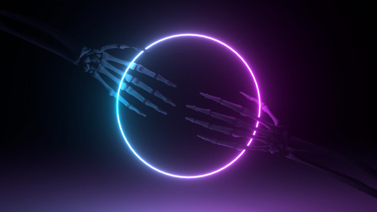 3D skeletthænder, der holder en ring i ultraviolett neonlys.