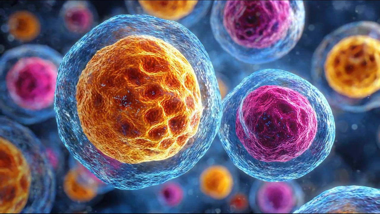Colorful microscopic cells floating together in a vibrant biological scene