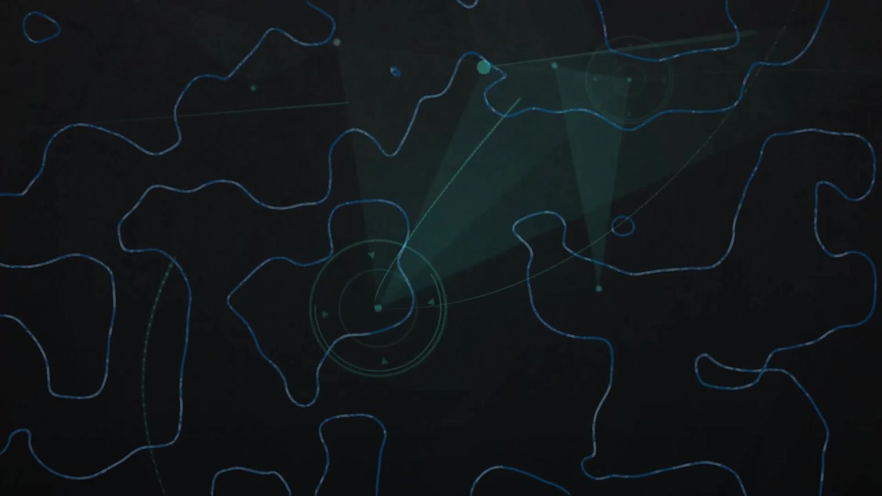 Large glowing blue contour shape floating over navy digital UI showing cyan lines connecting nodes
