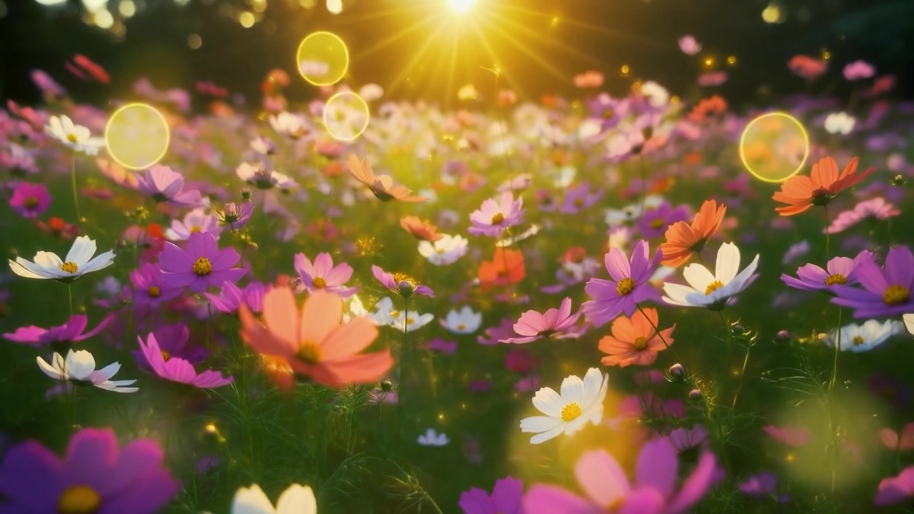Vibrant Cosmos Flower Field at Sunset with Floating Bokeh Particles
