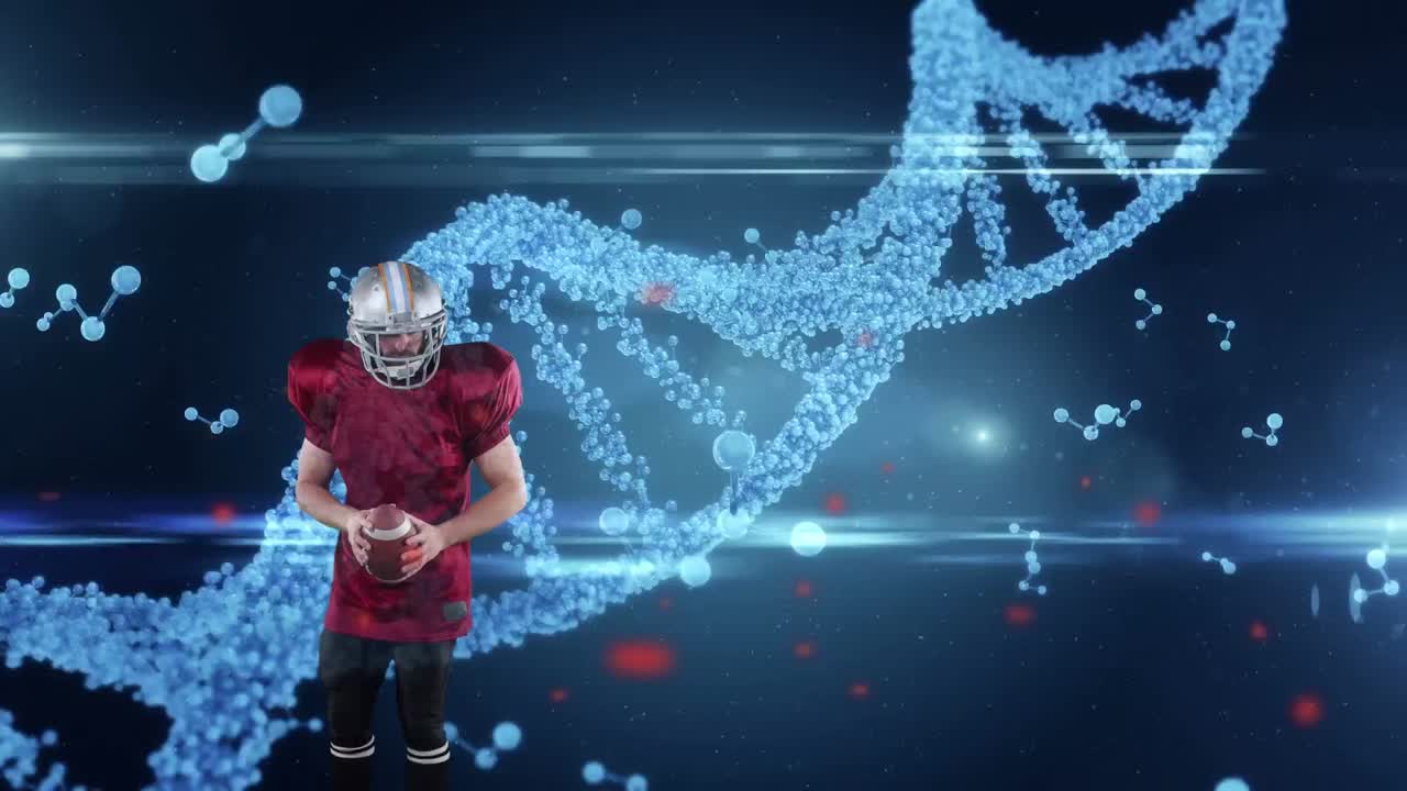 Animazione di macchie rosse e filamento di DNA su giocatore di football americano caucasico