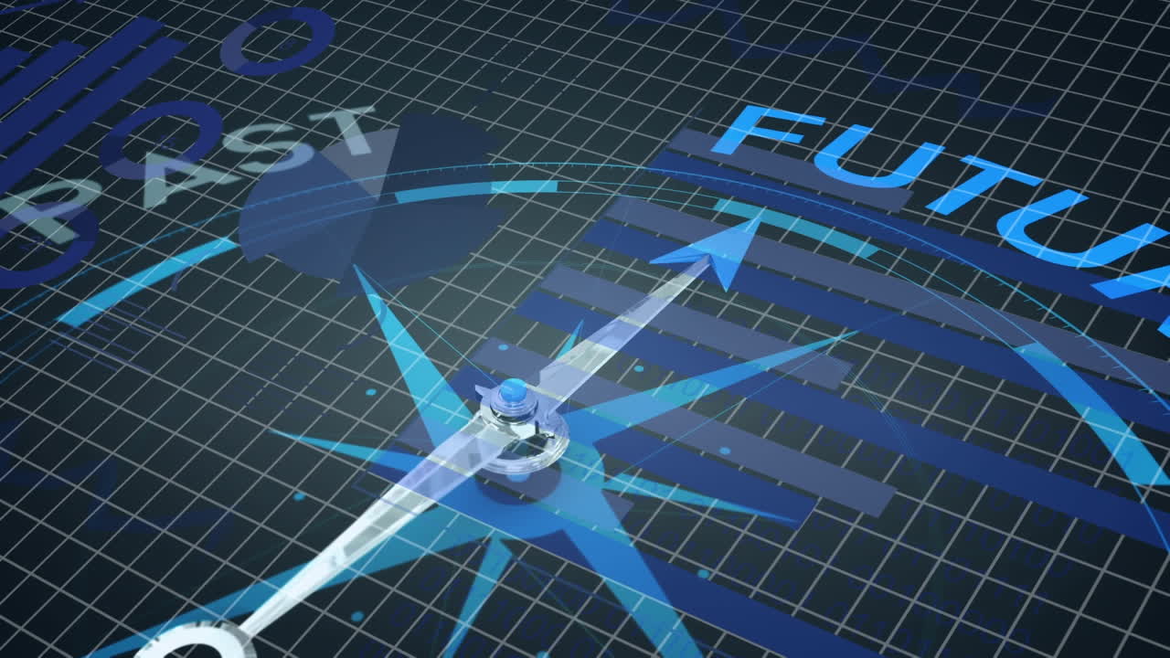 과거에서 미래 텍스트로 이동하는 바늘과 함께 나침반 위의 통계 및 데이터의 애니메이션