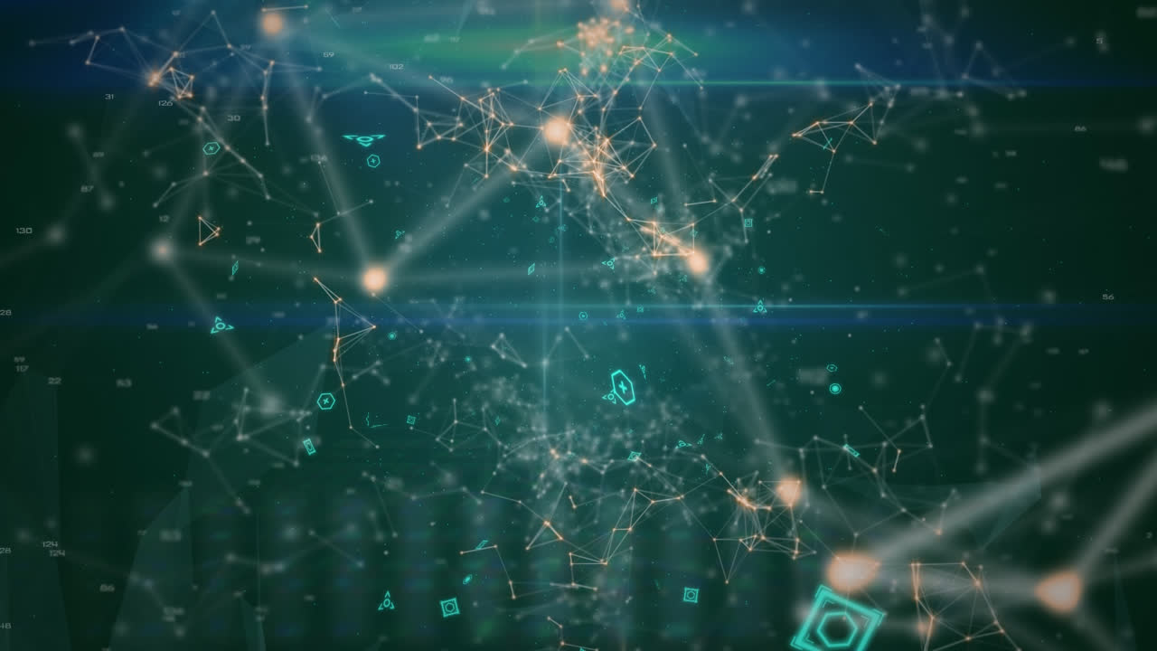 Moving data, people icons and interconnecting white and orange lines on a green background