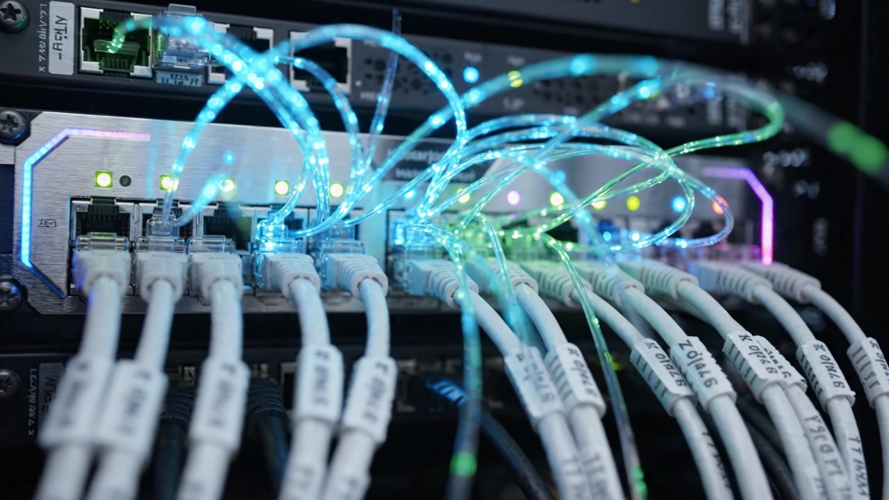 Detailed Close-Up of High-Tech Network Switch with Colorful Fiber Optic Cables Connecting Multiple Ethernet Ports in a Modern Data Center Environment