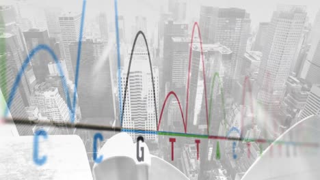 Composición-Digital-Del-Monitor-De-Frecuencia-Cardíaca-Contra-La-Vista-Aérea-Del-Paisaje-Urbano