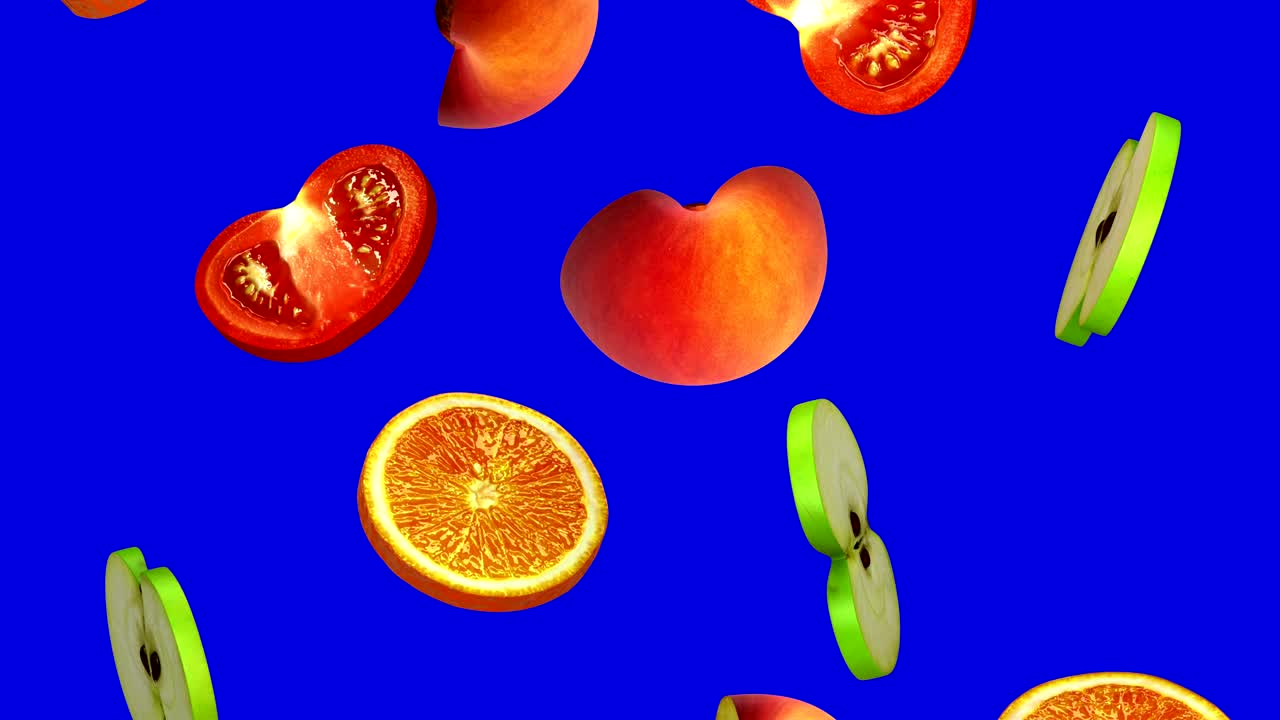 Round slices of fruits falling on blue screen, seamless loop, CG