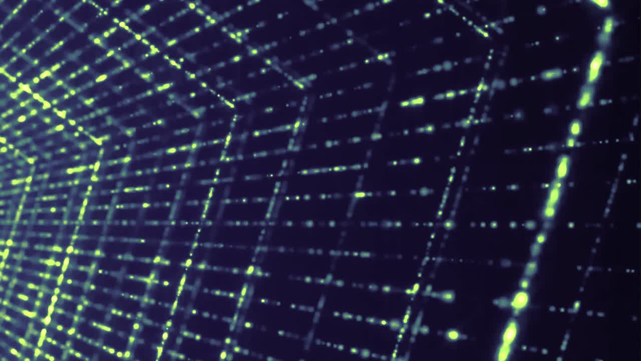 Glowing Green Digital Grid Tunnel Moving Through Cyberspace