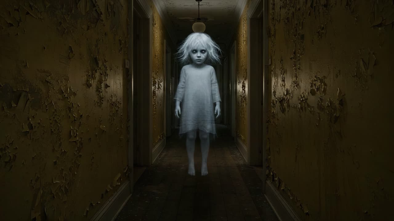 A Haunting Presence: A Mysterious Childlike Figure Stands at the End of a Dark Hallway, Revealing an Eerie Atmosphere with Flickering Shadows and Disturbing Decay