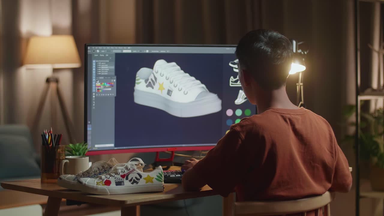 diseñador de calzado asiático niño girar modelo 3d de zapato mientras trabaja en un escritorio en casa. concepto de procedimiento de producción de zapatos. juegos cibernéticos ropa y calzado línea