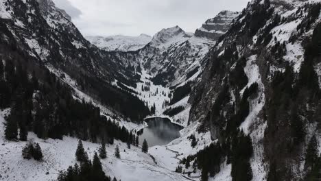 Die-Neigung-Nach-Unten-Gibt-Den-Blick-Auf-Einen-Kleinen-See-Zwischen-Einer-Großen,-Schneebedeckten-Bergkette-Und-Immergrünen-Bäumen-Frei