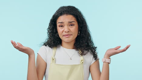 face, confused and woman shrug in studio isolated