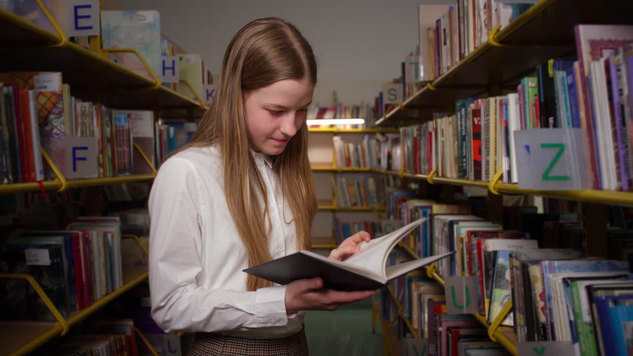 chica adolescente interesada en leer un libro en la biblioteca de la escuela, tiro medio
