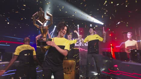 excited cyber sportsmen celebrating victory together