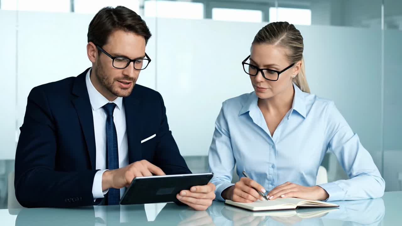 Empresários discutindo ideias de <1>projeto</1> usando tablet