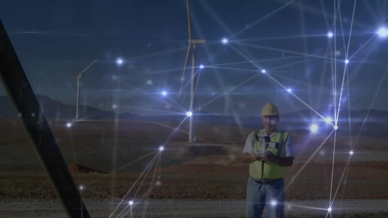 Técnico enviando comandos remotamente para verificação de turbina, malha animada conectando turbinas eólicas e drone