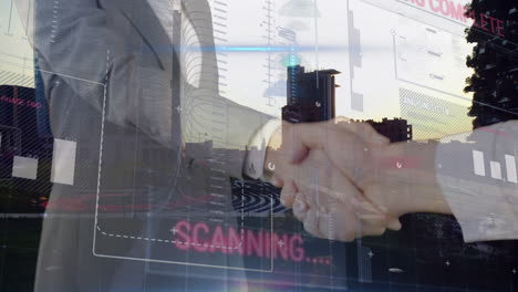 animation of scanning and data over diverse businesspeople shaking hands and cityscape