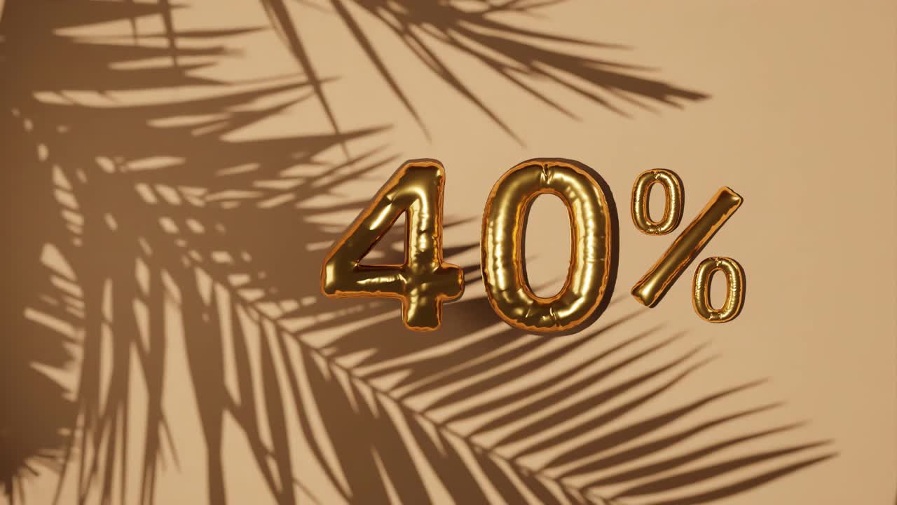 40% de descuento en fondo dorado con palma brisa suave, concepto de venta de verano de vacaciones precio promocional especial