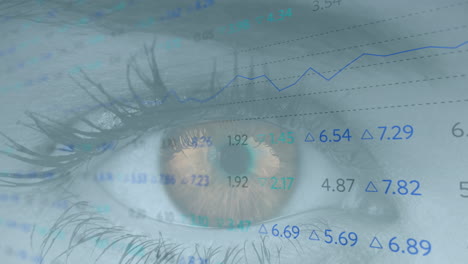 animation of financial data processing over woman's eye in background