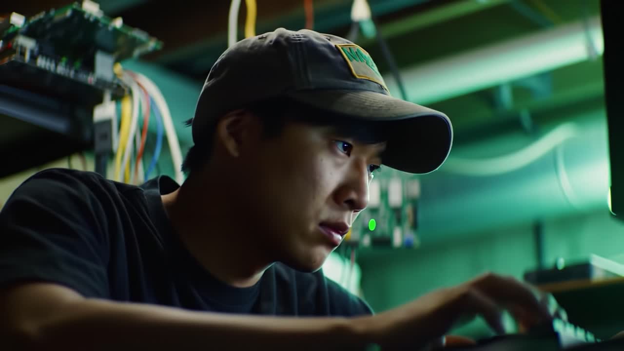 Focused on the Screen: An Individual Engages in Technical Work Amidst a Vibrant Setup of Cables and Devices, Signifying Innovation in a Digital Environment