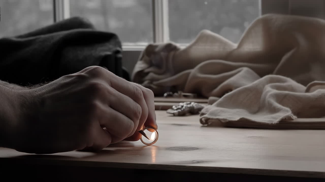 Craftsperson's hands working on a ring with a small flame