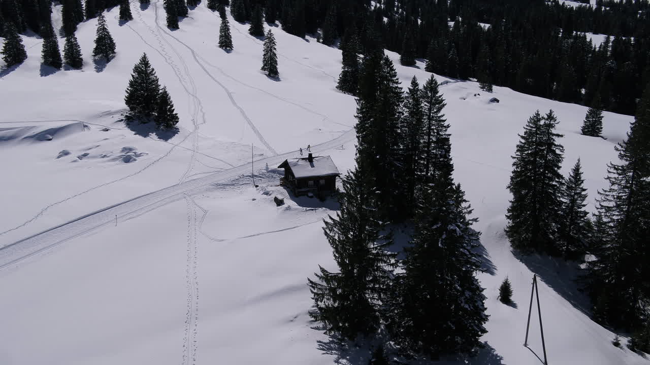 Vola sopra gli alberi e avrai una bellissima vista su uno chalet. Si vedono persone che praticano sport invernali.