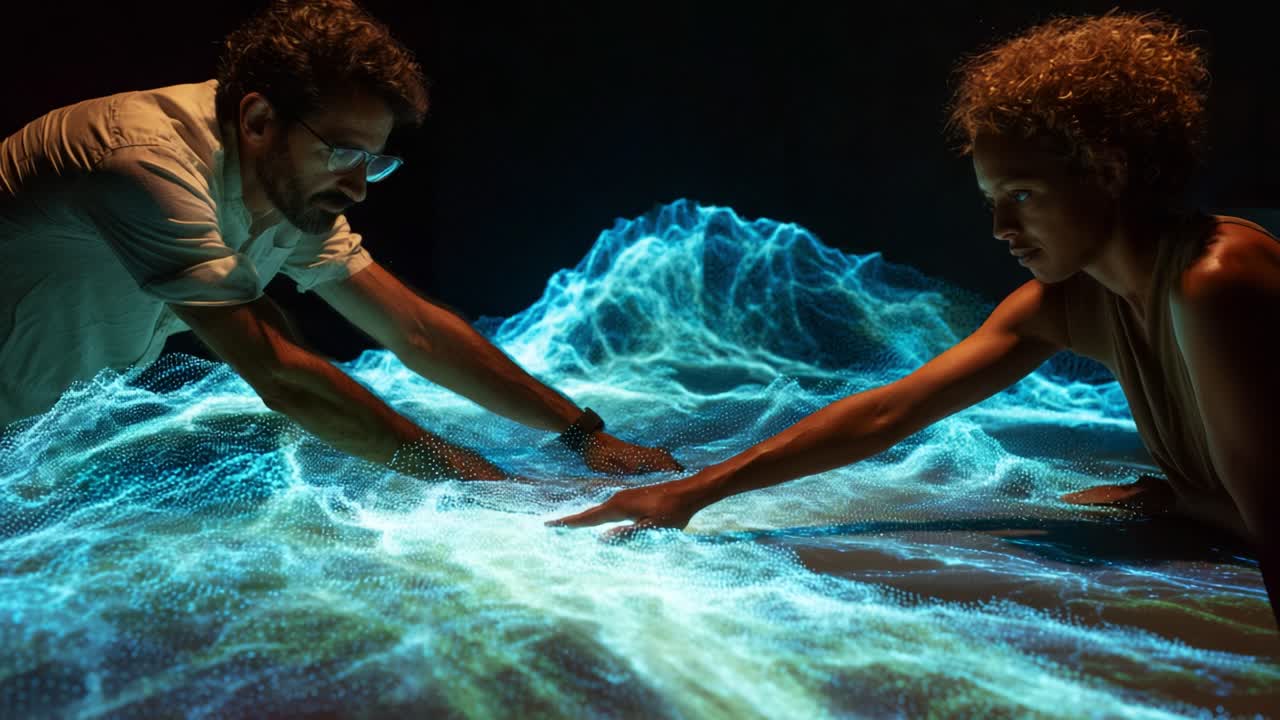 An immersive digital art experience where two individuals engage with a dynamic, glowing landscape, exploring the interplay of technology and creativity through interactive motion visuals