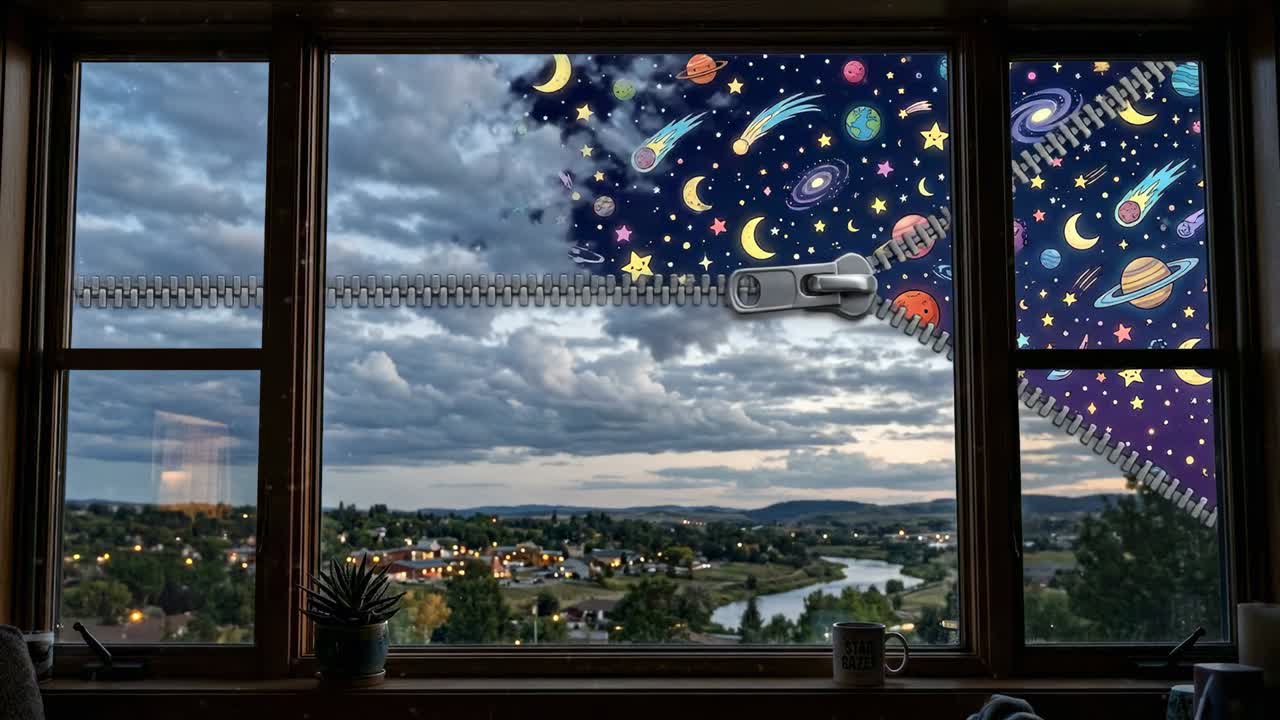 Vista de ventana se transforma en espacio de dibujos animados con cremallera