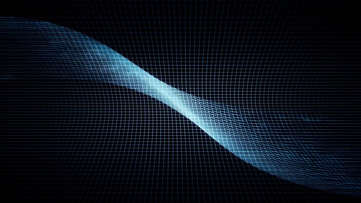 Fine cyan grid lines bend and flow through overlapping wave surfaces as the central mesh shifts subtly against black background, creating a clean geometric motion pattern.