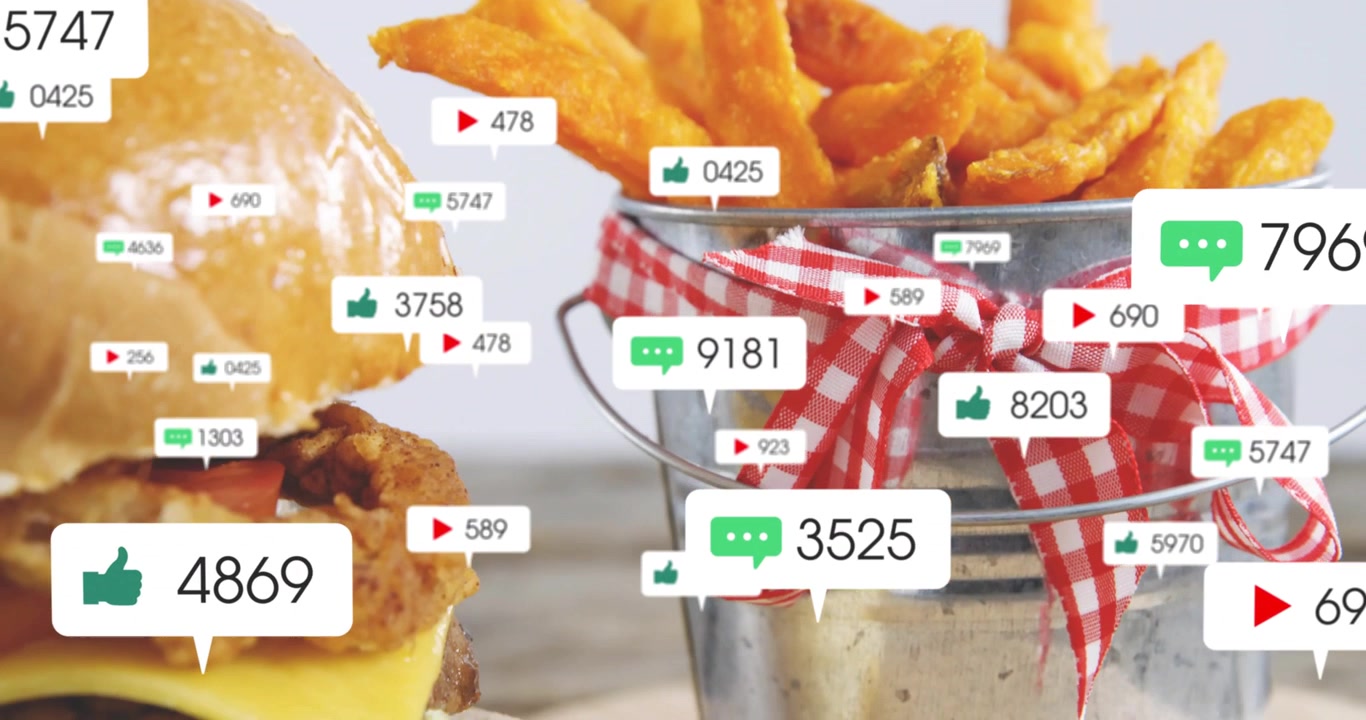 First badge popping near fries sparking reaction badges pouring over burger and bucket showing buzz