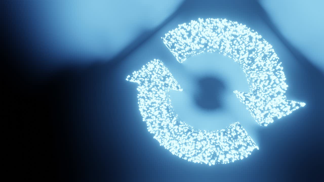 동기화 기호와 기호 빛나는 미래 입자 3d 렌더링 큐브 다각형 패턴, 데이터 업데이트 네트워크 기술 검은 바탕에 개념 디자인, 복사 공간과 함께 4k 애니메이션