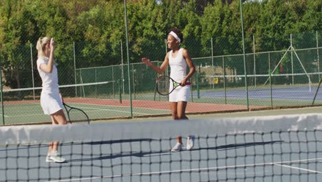 video of happy diverse female tennis players holding rackets and clapping hands