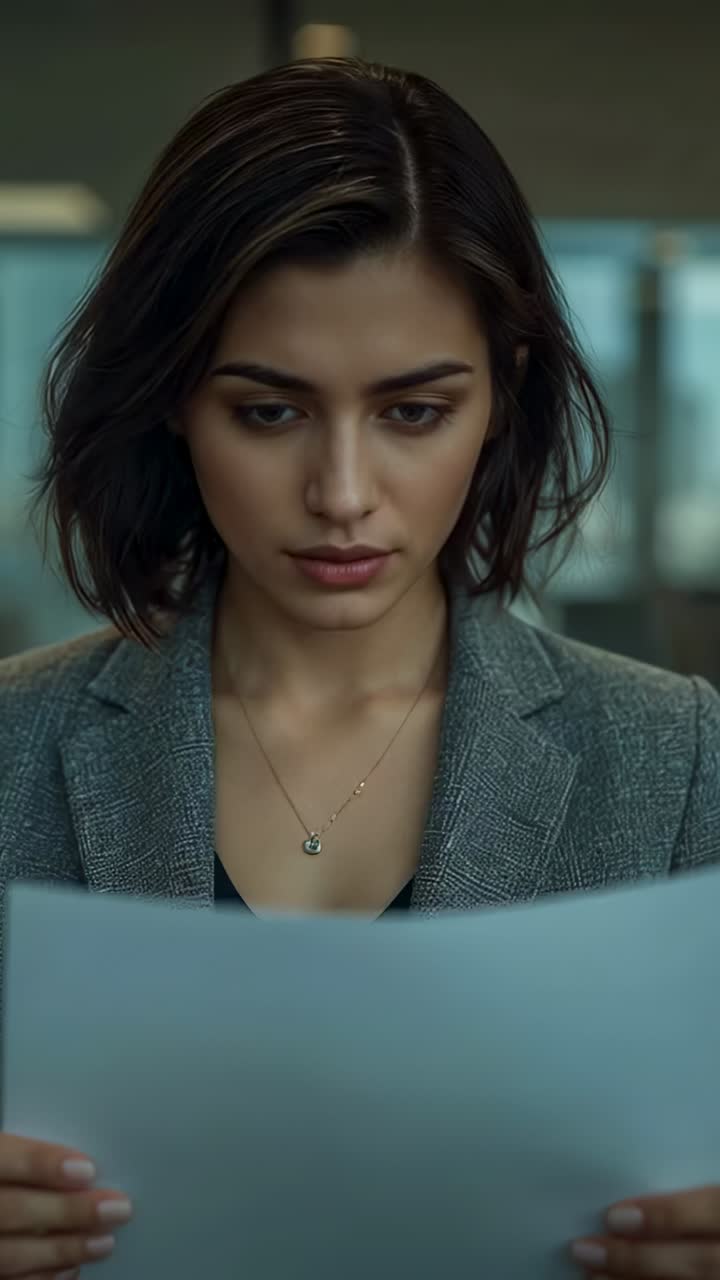 Vertical video: Holding sheet, woman in grey blazer reading and smiling in office, reviewing report