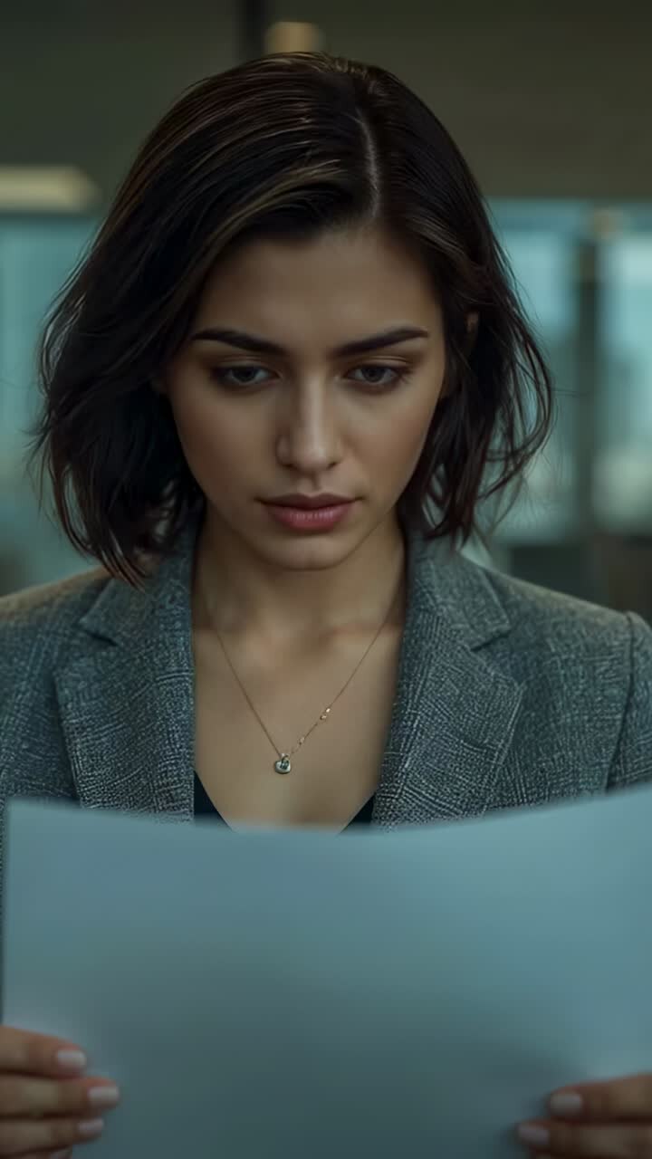 Vertical video: Holding sheet, woman in grey blazer reading and smiling in office, reviewing report